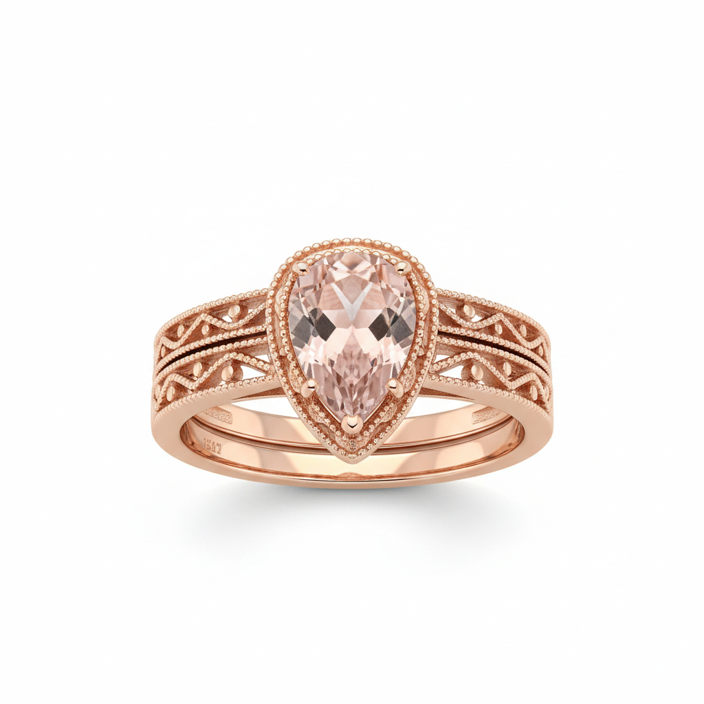 1.75 Carat Pear Cut Lab Created Morganite Art Deco Trio Bridal Set in 18K Rose Gold over Silver