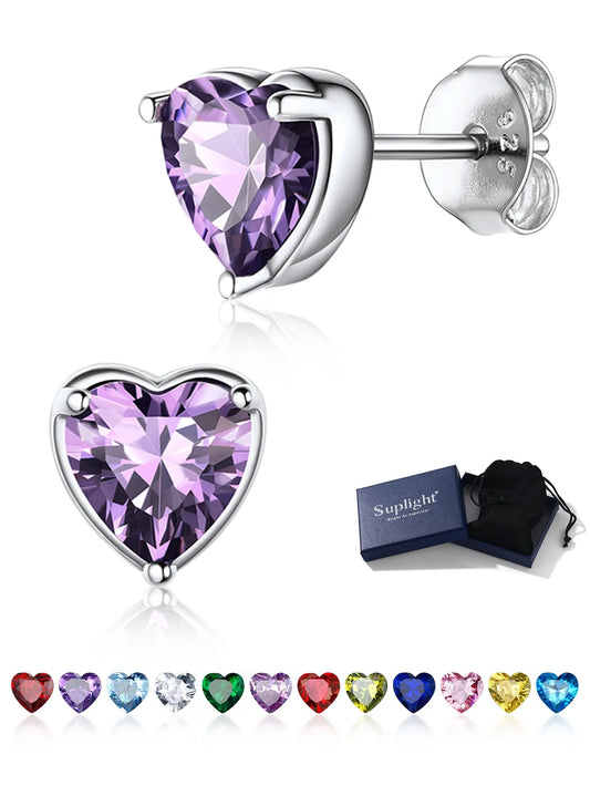 Silver Earrings for Women 925 Sterling Silver Heart Birthstone Stud Earrings Birthday Jewelry Gift