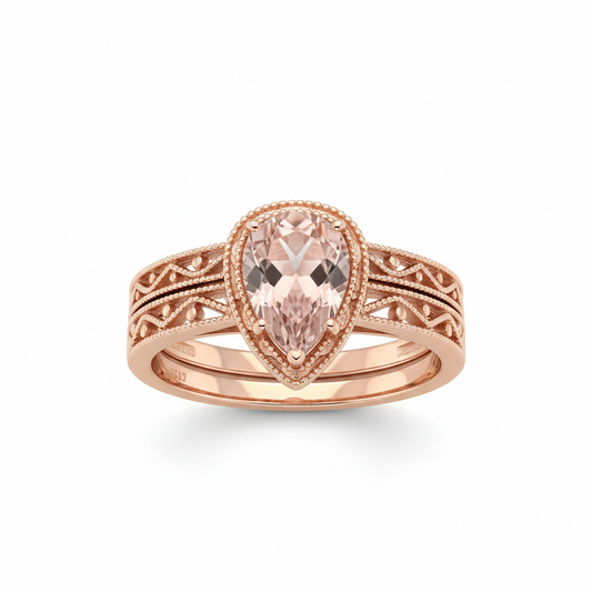 1.75 Carat Pear Cut Lab Created Morganite Art Deco Trio Bridal Set in 18K Rose Gold over Silver