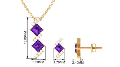 Natural Princess Cut Amethyst Diamond Jewelry Set for Women