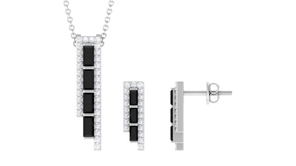 Real Baguette Shape Black Onyx Diamond Bar Jewelry Set for Women