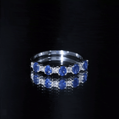Natural Oval Blue Sapphire Diamond Half Eternity Ring for Women