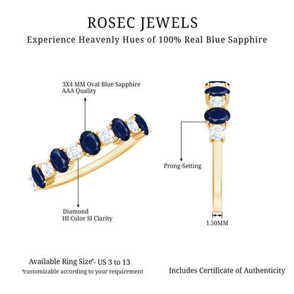 Natural Oval Blue Sapphire Diamond Half Eternity Ring for Women