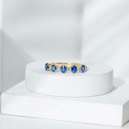 Natural Oval Blue Sapphire Diamond Half Eternity Ring for Women