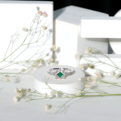 Antique Looking Emerald and Diamond Engagement Ring for Women