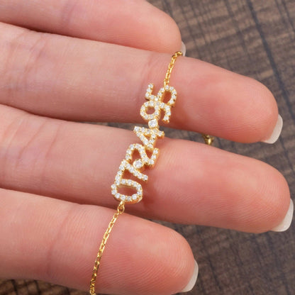 Gold Personalized 925 Sterling Silver Full Pave Diamond Year Bracelet | Custom DIY Number Digital Date Charm Bracelet for Women, Jewelry Gift for Her