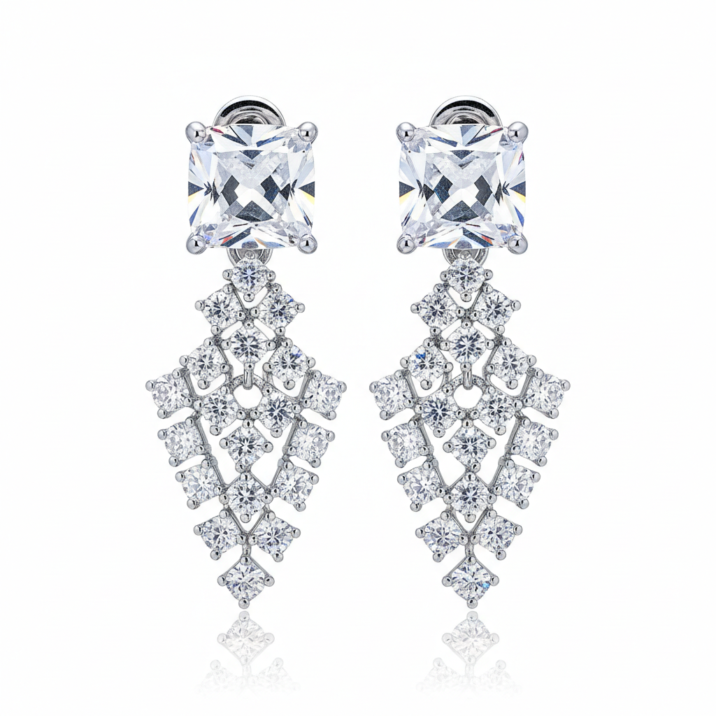 Pair of diamond earrings on a white background