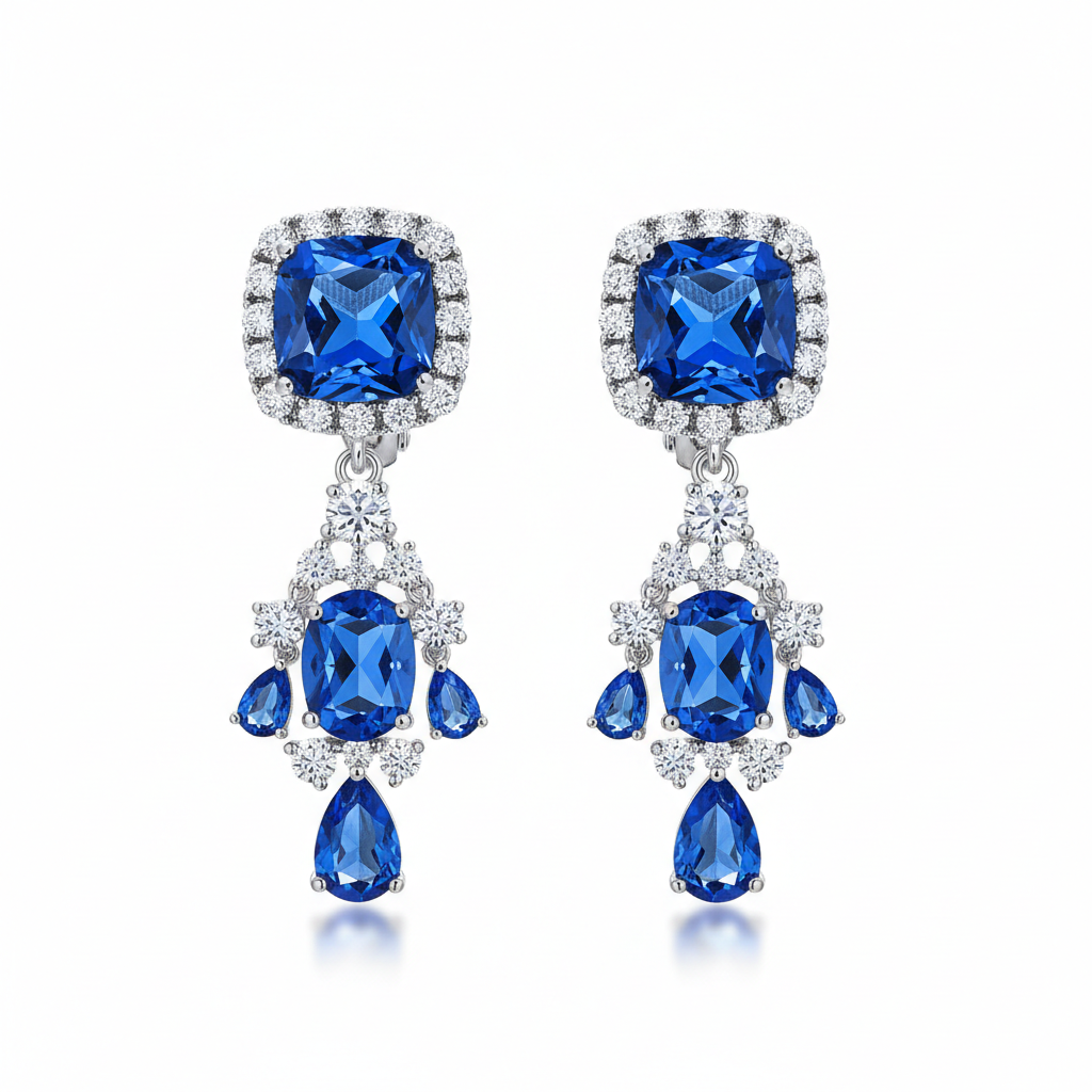 Pair of blue gemstone earrings with silver accents on a white background