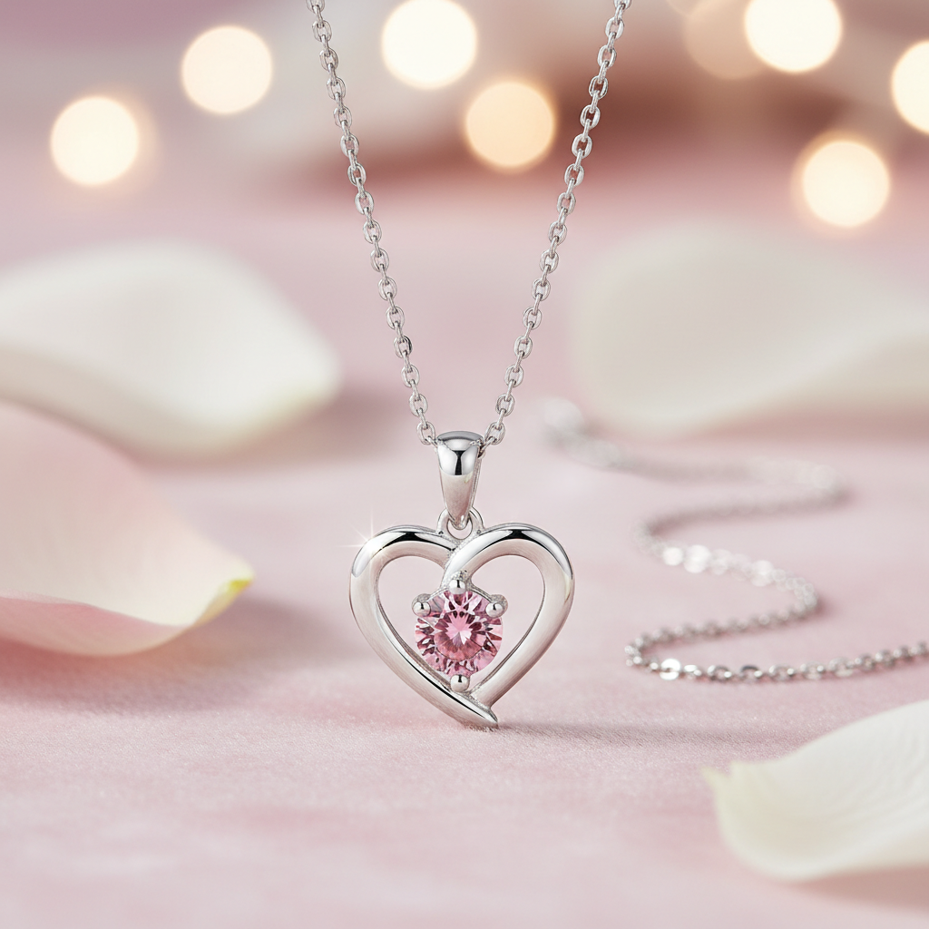 Heart-shaped silver necklace with a pink gemstone on a soft pink background
