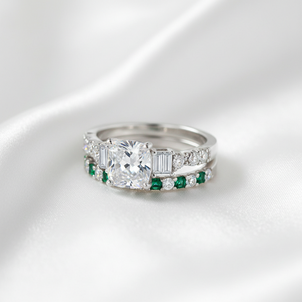 Silver ring with a large central gemstone and smaller emerald stones on a white background